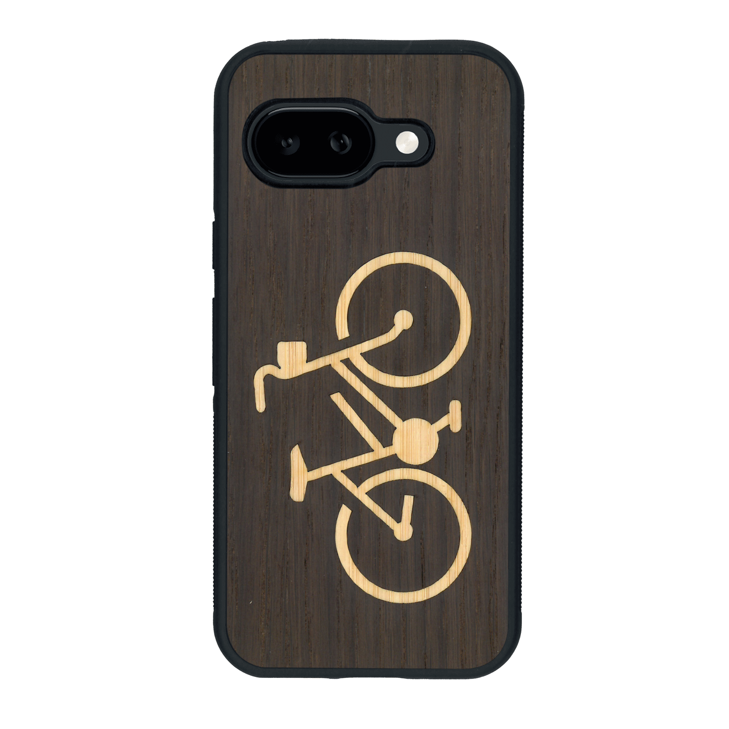 Coque de protection en bois véritable fabriquée en France pour Google Pixel 9A sur le theme du vélo et de l'outdoor qui allie du bambou et du chêne fumé représentant un vélo
