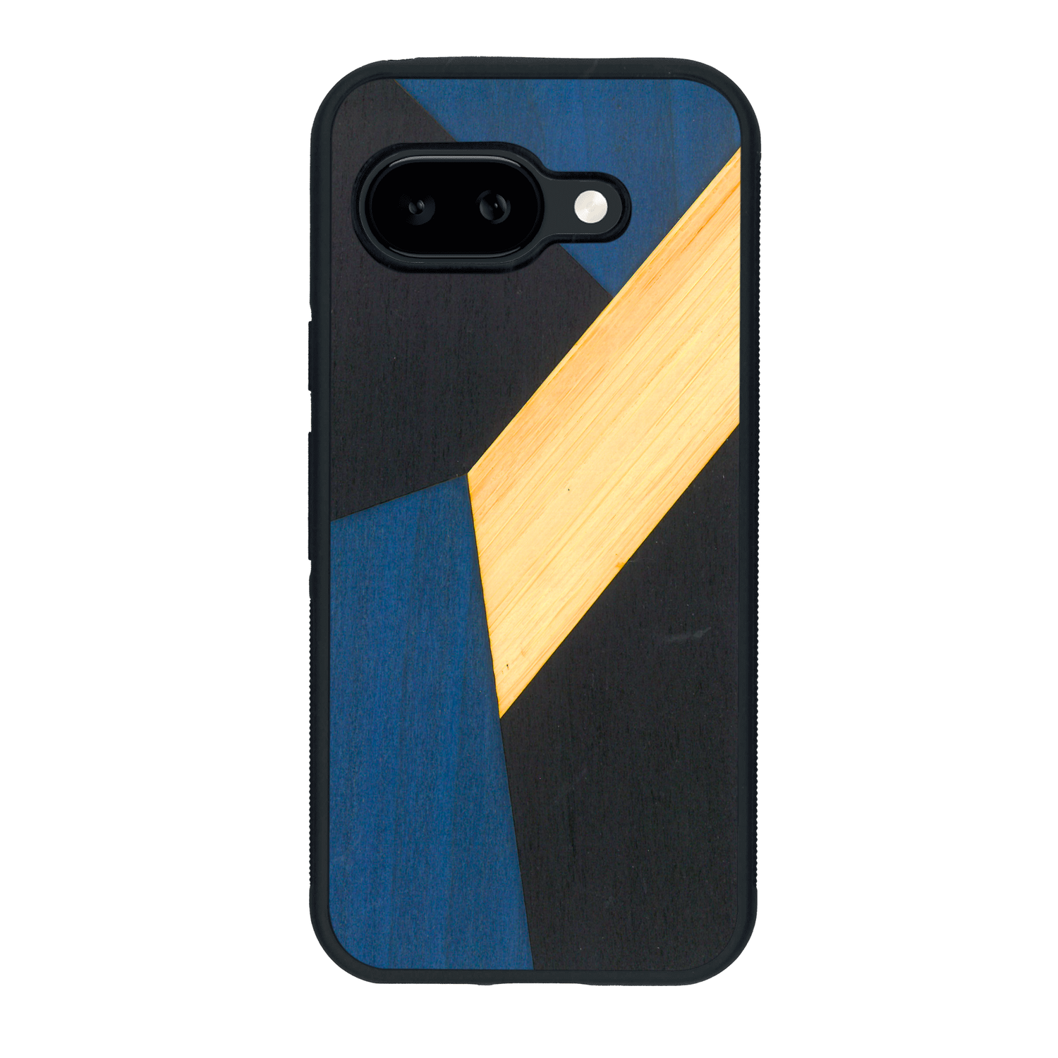 Coque de protection en bois véritable fabriquée en France pour Google Pixel 9A alliant du bambou, du tulipier bleu et noir en forme de mosaïque minimaliste sur le thème de l'art abstrait