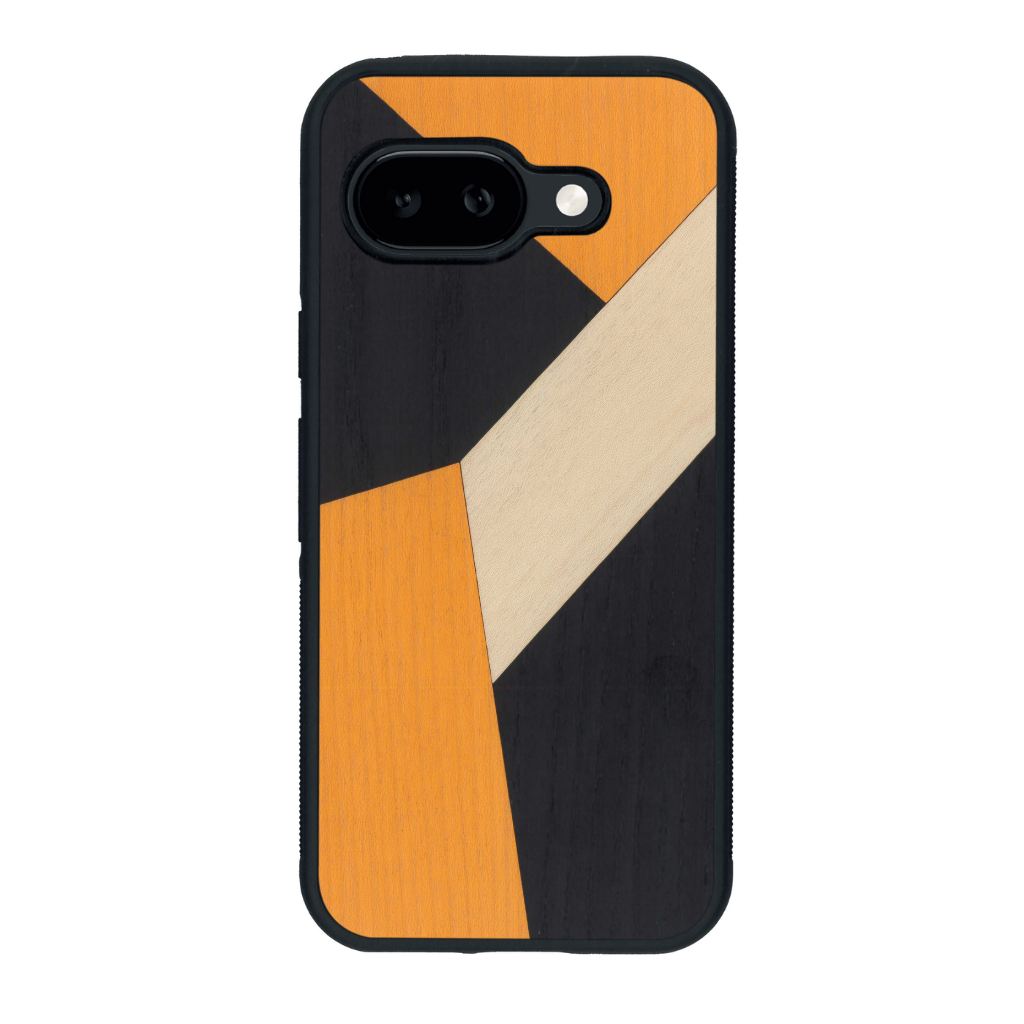 Coque de protection en bois véritable fabriquée en France pour Google Pixel 9a alliant du bambou, du tulipier orange et noir en forme de mosaïque minimaliste sur le thème de l'art abstrait