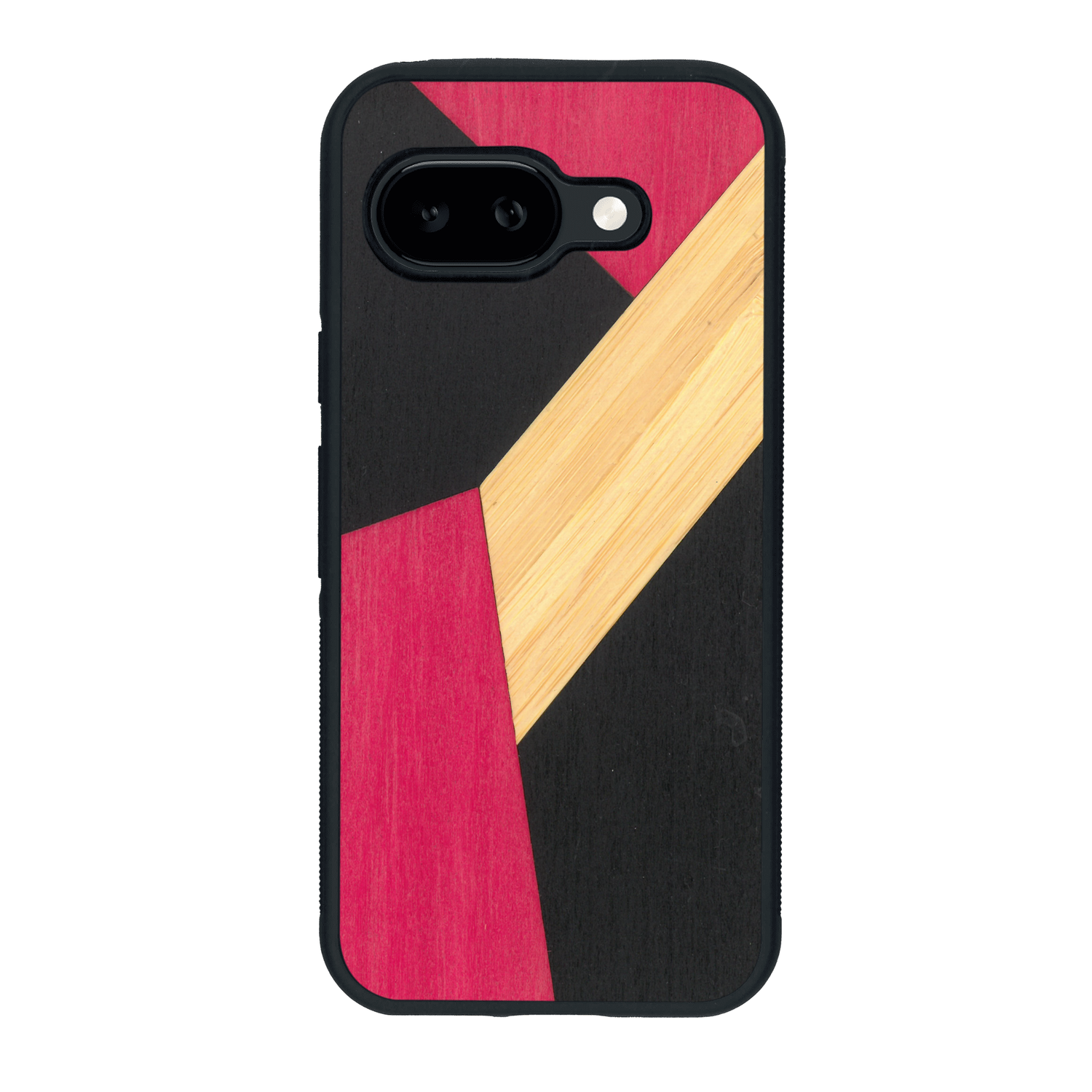 Coque de protection en bois véritable fabriquée en France pour Google Pixel 9A alliant du bambou, du tulipier rose et noir en forme de mosaïque minimaliste sur le thème de l'art abstrait