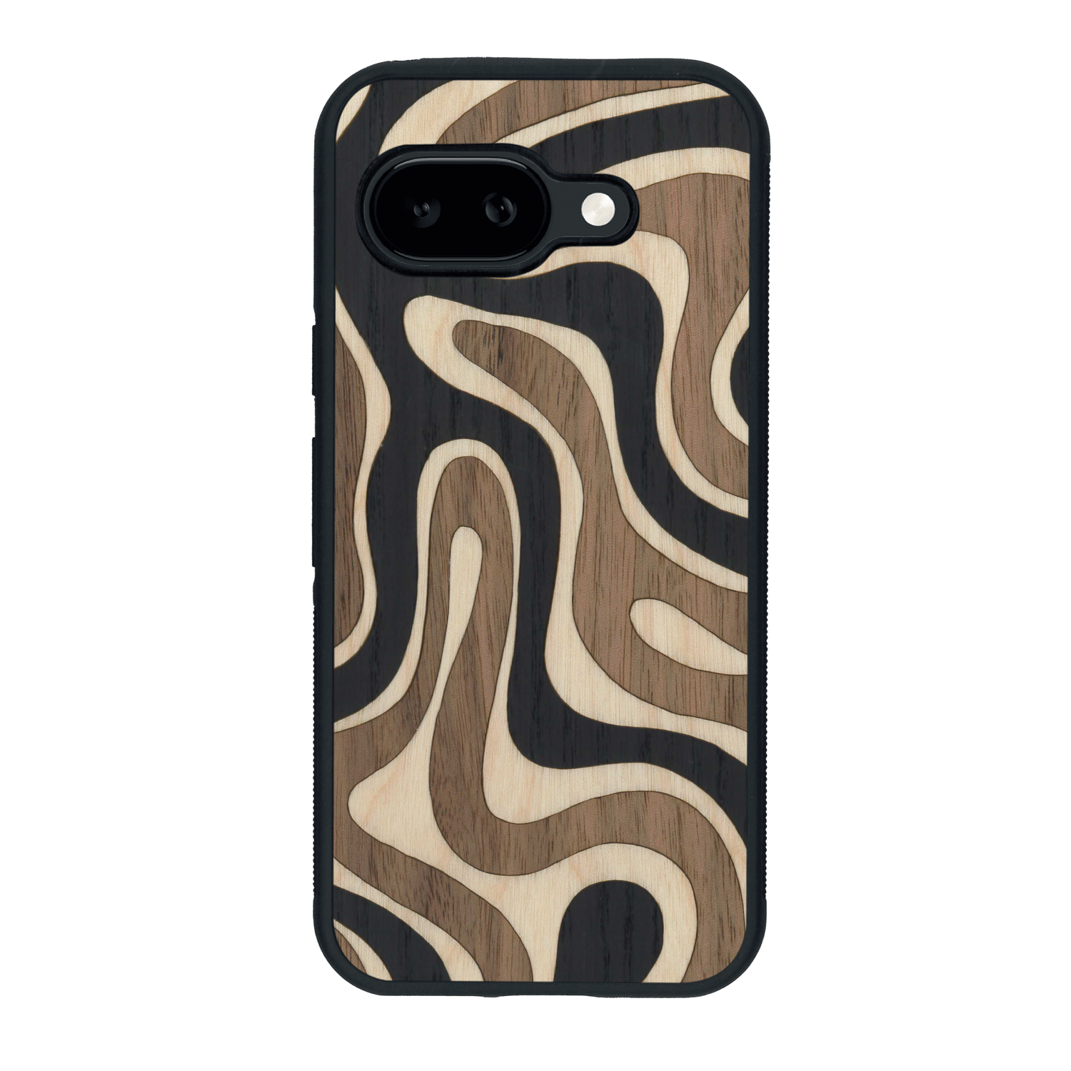 Coque de protection en bois véritable fabriquée en France pour Google Pixel 9A alliant plusieurs essences de bois pour représenter une ondulation