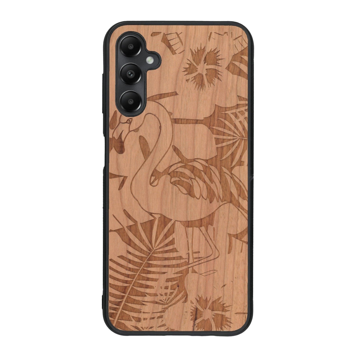 Coque de protection en bois véritable fabriquée en France pour Samsung A05S sur le thème de la nature et des animaux représentant un flamant rose entre des fougères