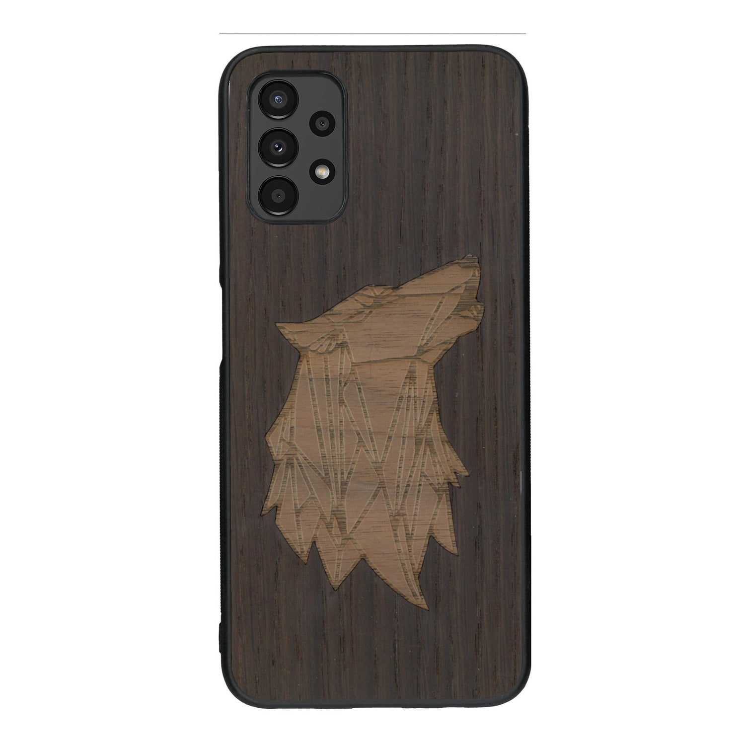 Coque de protection en bois véritable fabriquée en France pour Samsung A13 alliant du chêne fumé et du noyer représentant une tête de loup géométrique de profil sur le thème des animaux et de la nature