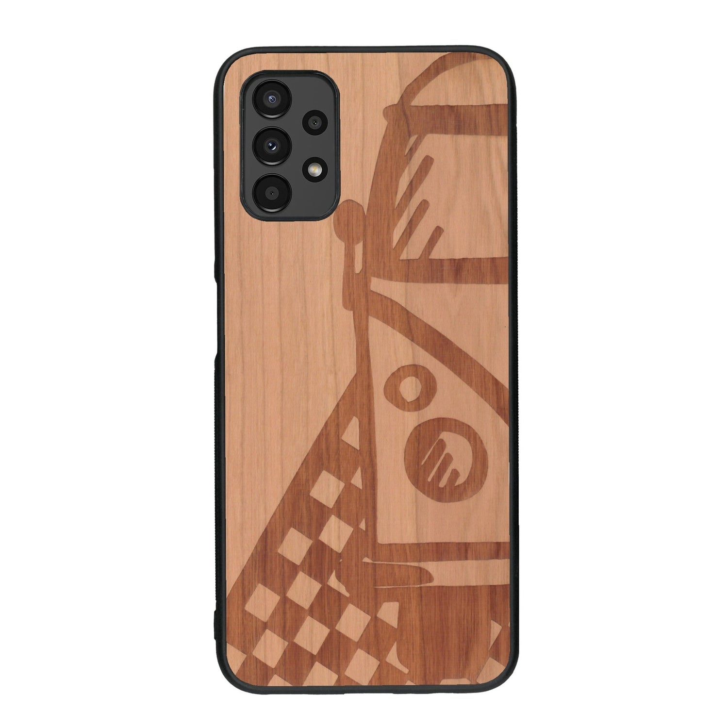 Coque de protection en bois véritable fabriquée en France pour Samsung A13 sur le thème du voyage avec un van combi