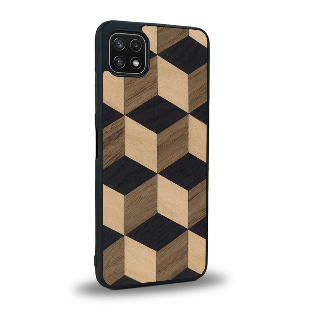 Coque de protection en bois véritable fabriquée en France pour Samsung A22 5G alliant plusieurs essences de bois pour représenter un classique intemporel de la marqueterie