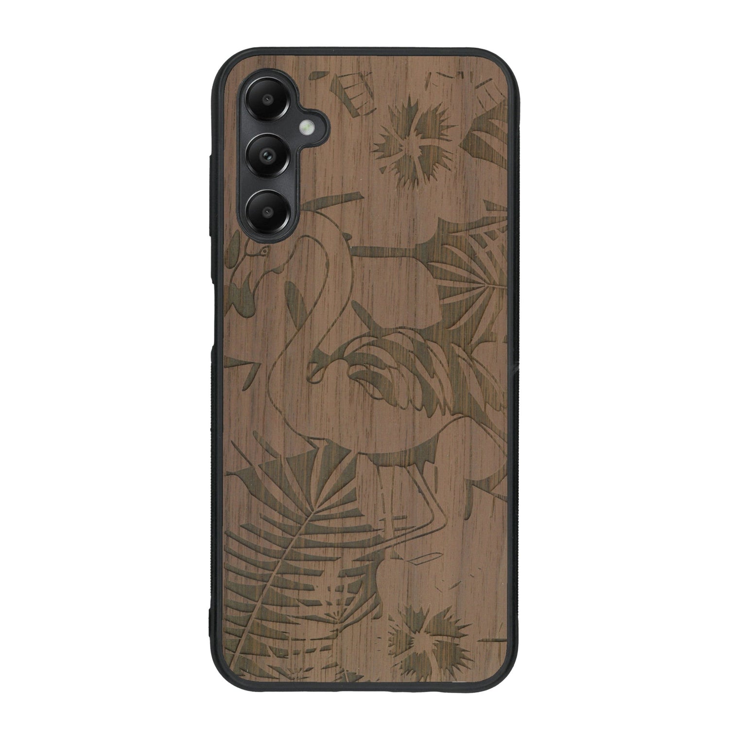 Coque de protection en bois véritable fabriquée en France pour Samsung A25 sur le thème de la nature et des animaux représentant un flamant rose entre des fougères