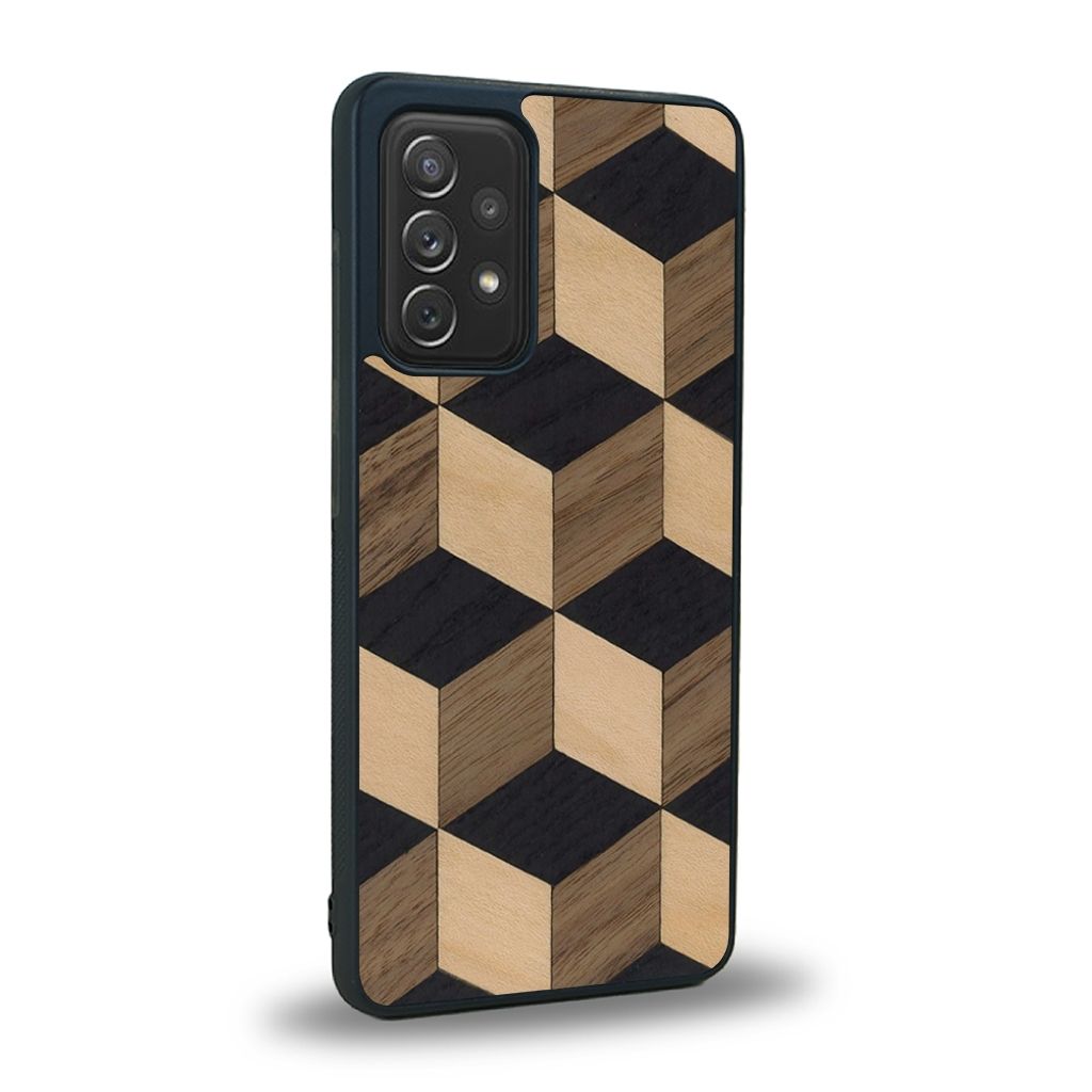 Coque de protection en bois véritable fabriquée en France pour Samsung A52 alliant plusieurs essences de bois pour représenter un classique intemporel de la marqueterie