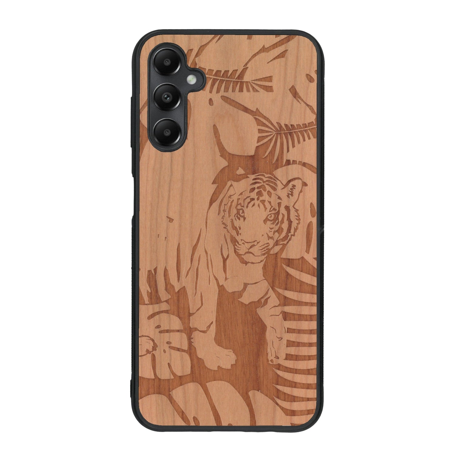 Coque de protection en bois véritable fabriquée en France pour Samsung A55 5G sur le thème de la nature et des animaux représentant un tigre dans la jungle entre des fougères