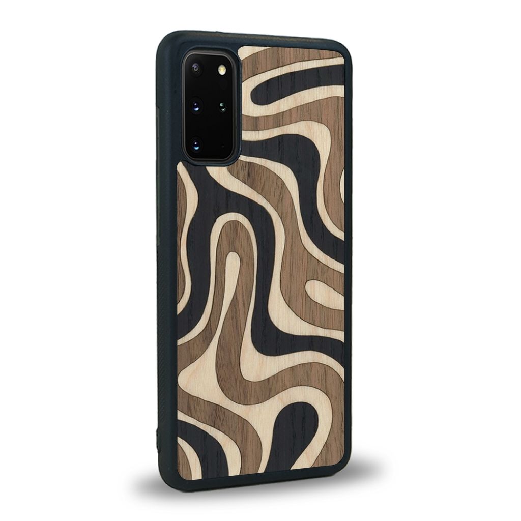 Coque de protection en bois véritable fabriquée en France pour Samsung S20FE alliant plusieurs essences de bois pour représenter une ondulation
