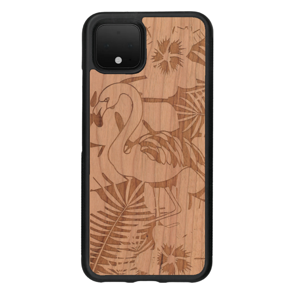 Coque de protection en bois véritable fabriquée en France pour Google Pixel 4 sur le thème de la nature et des animaux représentant un flamant rose entre des fougères