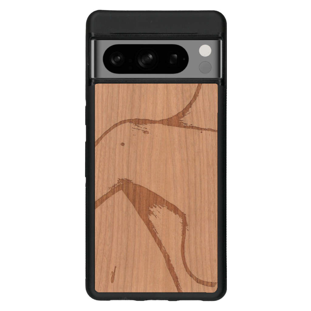 Coque de protection en bois véritable fabriquée en France pour Google Pixel 6 représentant une silhouette féminine dessinée à la main par l'artiste Maud Dabs