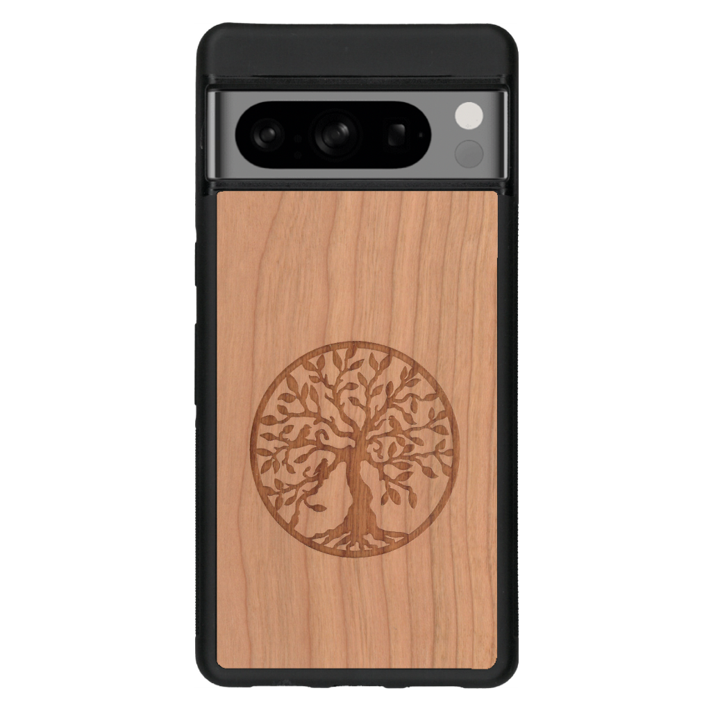 Coque de protection en bois véritable fabriquée en France pour Google Pixel 7 sur le thème de la spiritualité et du yoga avec une gravure zen représentant un arbre de vie