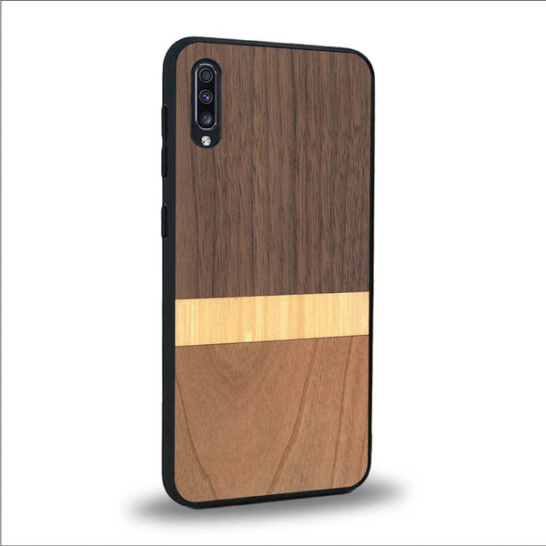 Coque de protection en bois véritable fabriquée en France pour Samsung A50 alliant des bandes horizontales de bambou, merisier et noyer