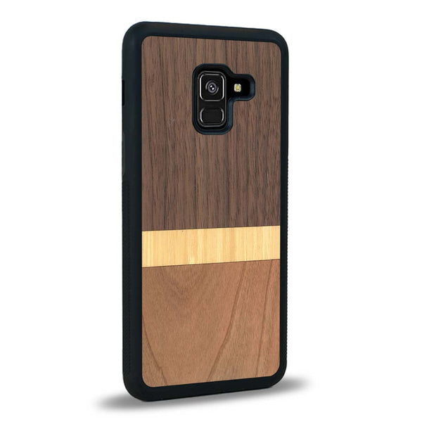 Coque de protection en bois véritable fabriquée en France pour Samsung A8 2018 alliant des bandes horizontales de bambou, merisier et noyer