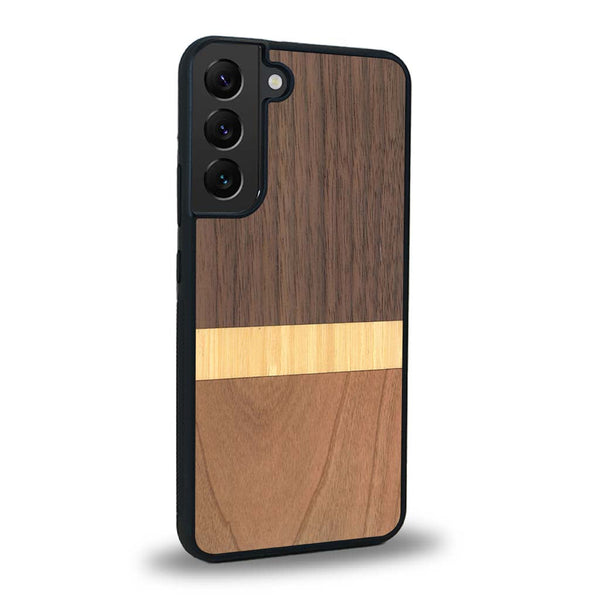 Coque de protection en bois véritable fabriquée en France pour Samsung S21 alliant des bandes horizontales de bambou, merisier et noyer