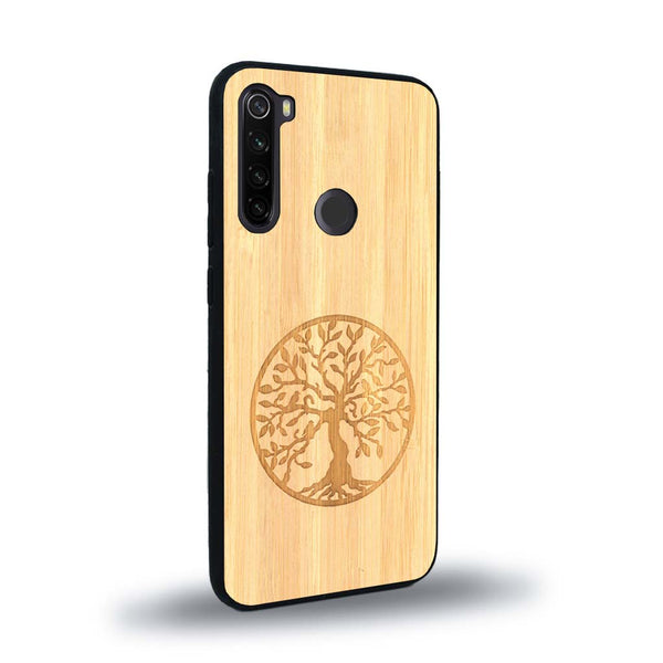Coque de protection en bois véritable fabriquée en France pour Xiaomi Redmi Note 8T sur le thème de la spiritualité et du yoga avec une gravure zen représentant un arbre de vie