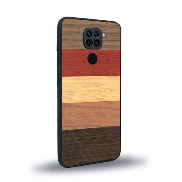 Coque de protection en bois véritable fabriquée en France pour Xiaomi Redmi Note 9 alliant des bandes horizontales de bambou, merisier, padouk, noyer et chêne fumé