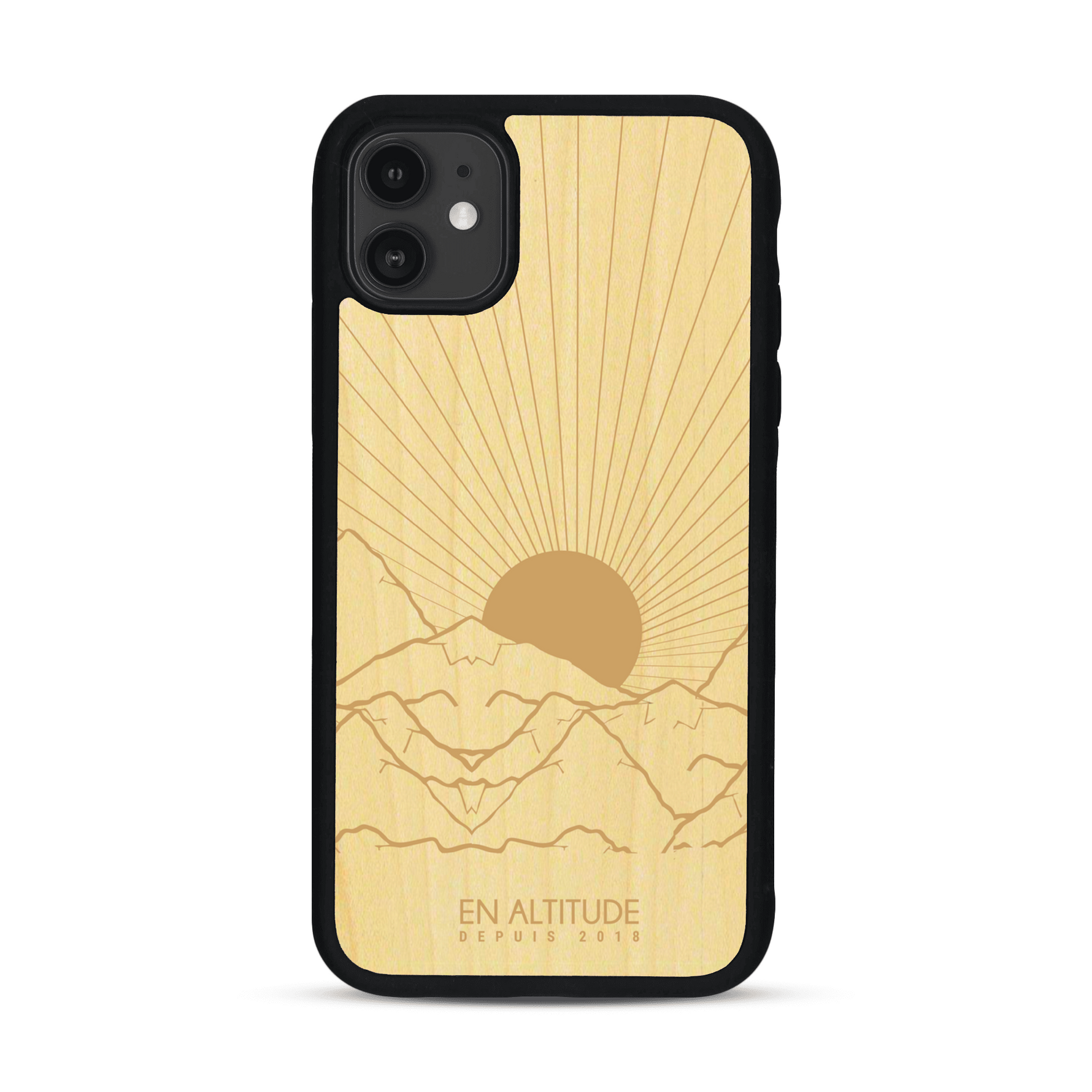 Coque de protection en bois véritable fabriquée en France pour  représentant des montagnes, sur le thème de la randonnée en pleine nature et du trail