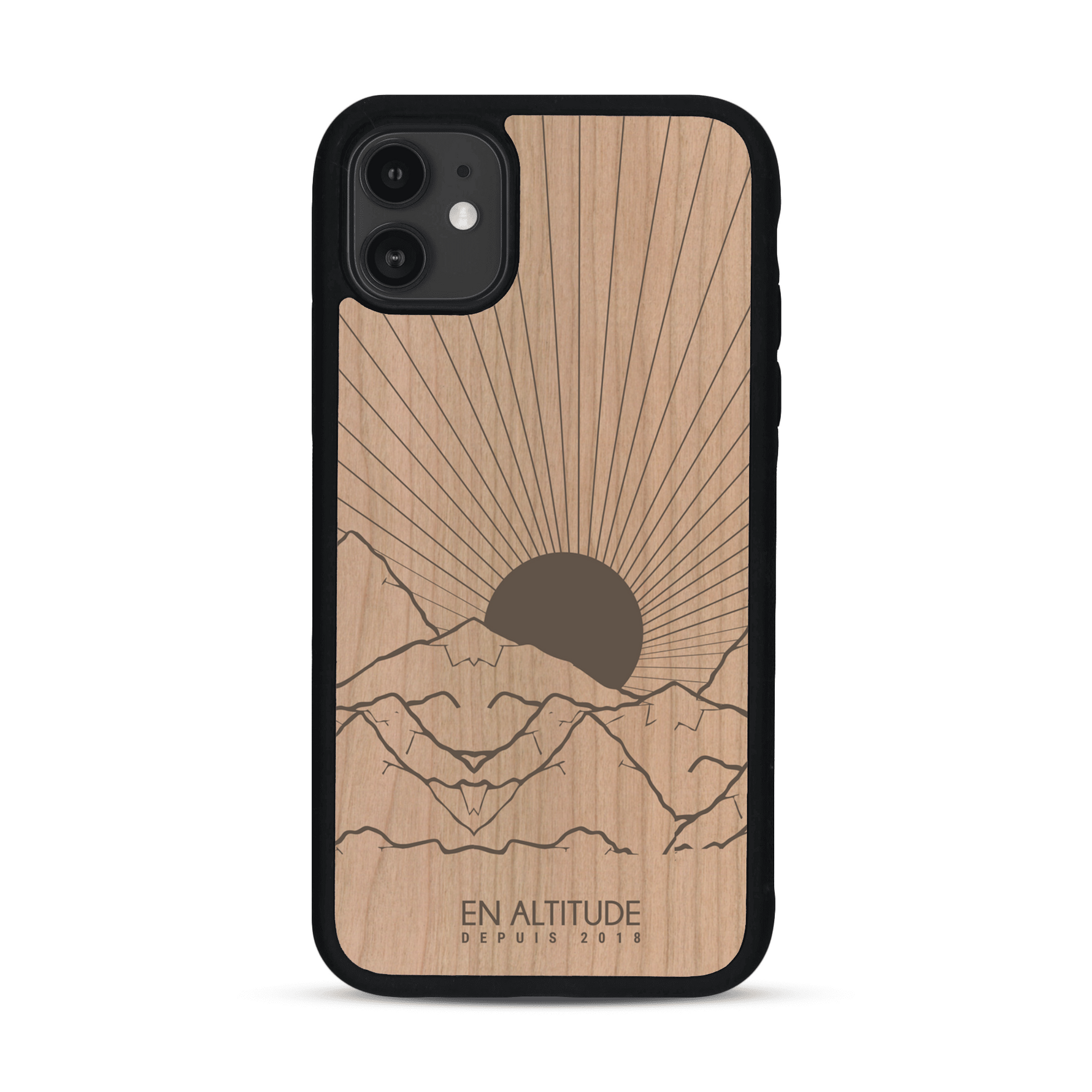 Coque de protection en bois véritable fabriquée en France pour  représentant des montagnes, sur le thème de la randonnée en pleine nature et du trail