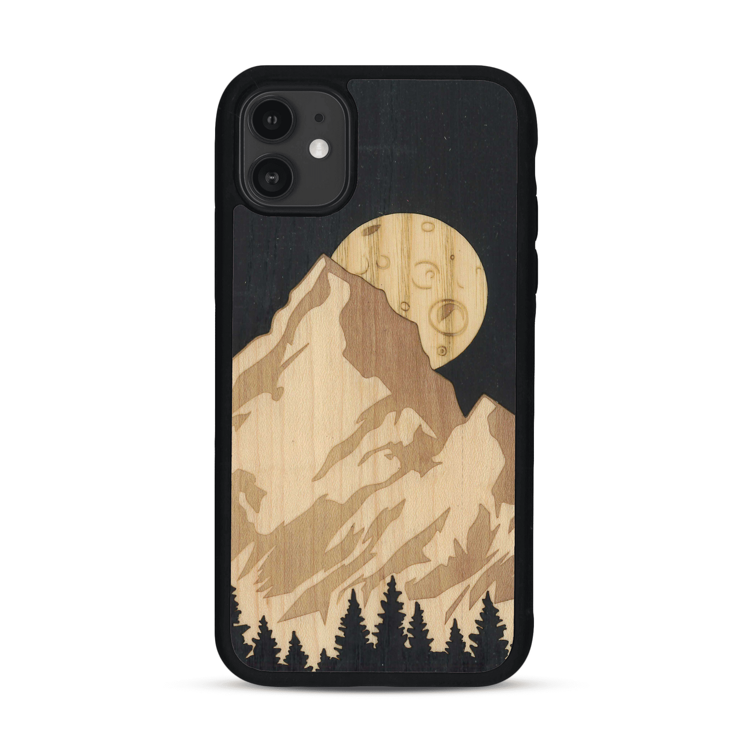 Coque de protection en bois véritable fabriquée en France pour alliant plusieurs essences de bois pour représenter le mont Everest