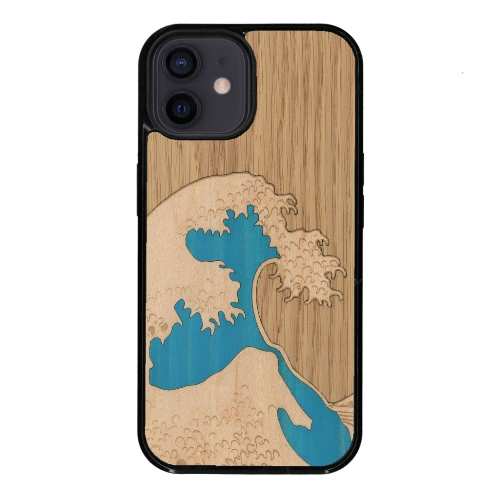 Coque de protection en bois véritable fabriquée en France pour iPhone 11 alliant plusieurs essences de bois pour représenter la célèbre grande vague de Kanagawa