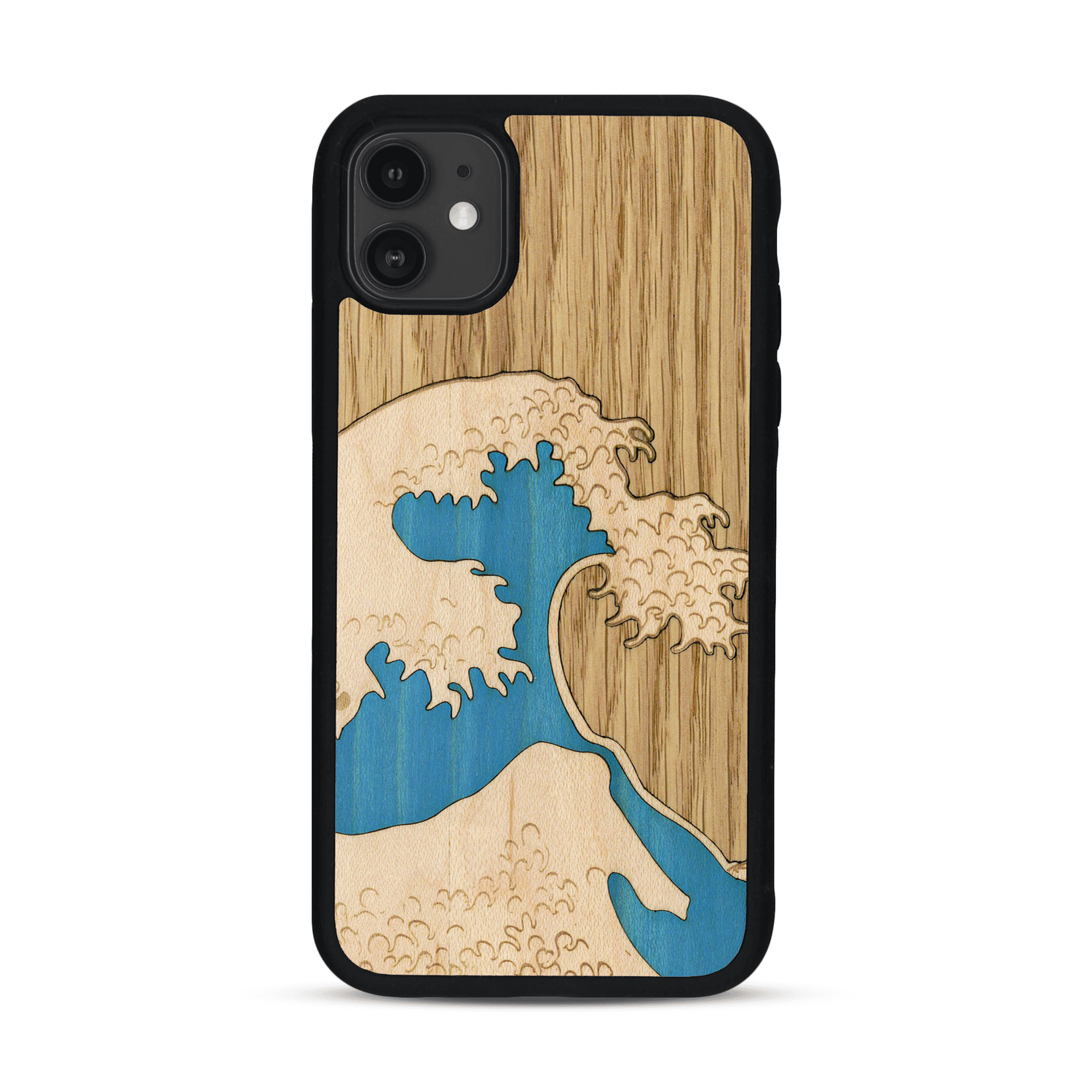 Coque de protection en bois véritable fabriquée en France pour  alliant plusieurs essences de bois pour représenter la célèbre grande vague de Kanagawa