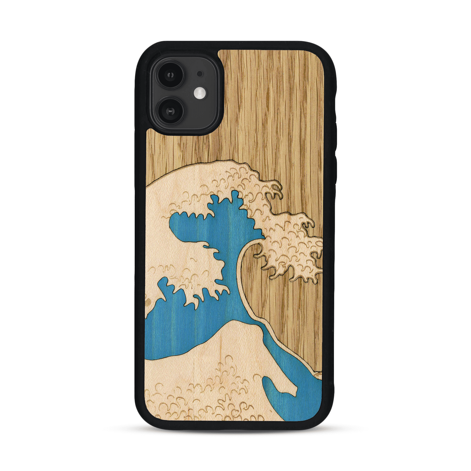 Coque de protection en bois véritable fabriquée en France pour  alliant plusieurs essences de bois pour représenter la célèbre grande vague de Kanagawa