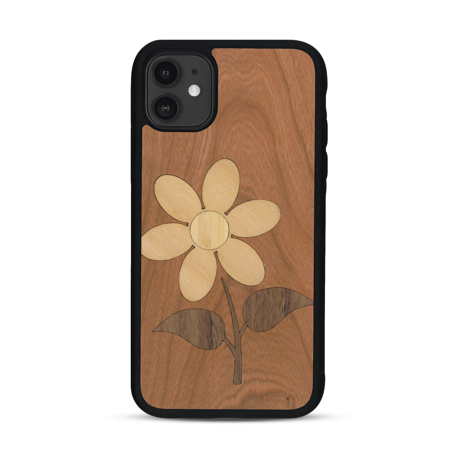 Coque de protection en bois véritable fabriquée en France pour  alliant plusieurs essences de bois pour représenter une marguerite