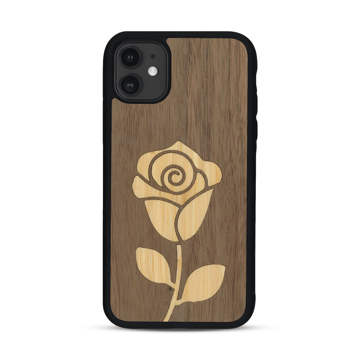 Coque de protection en bois véritable fabriquée en France pour  alliant plusieurs essences de bois pour représenter une rose