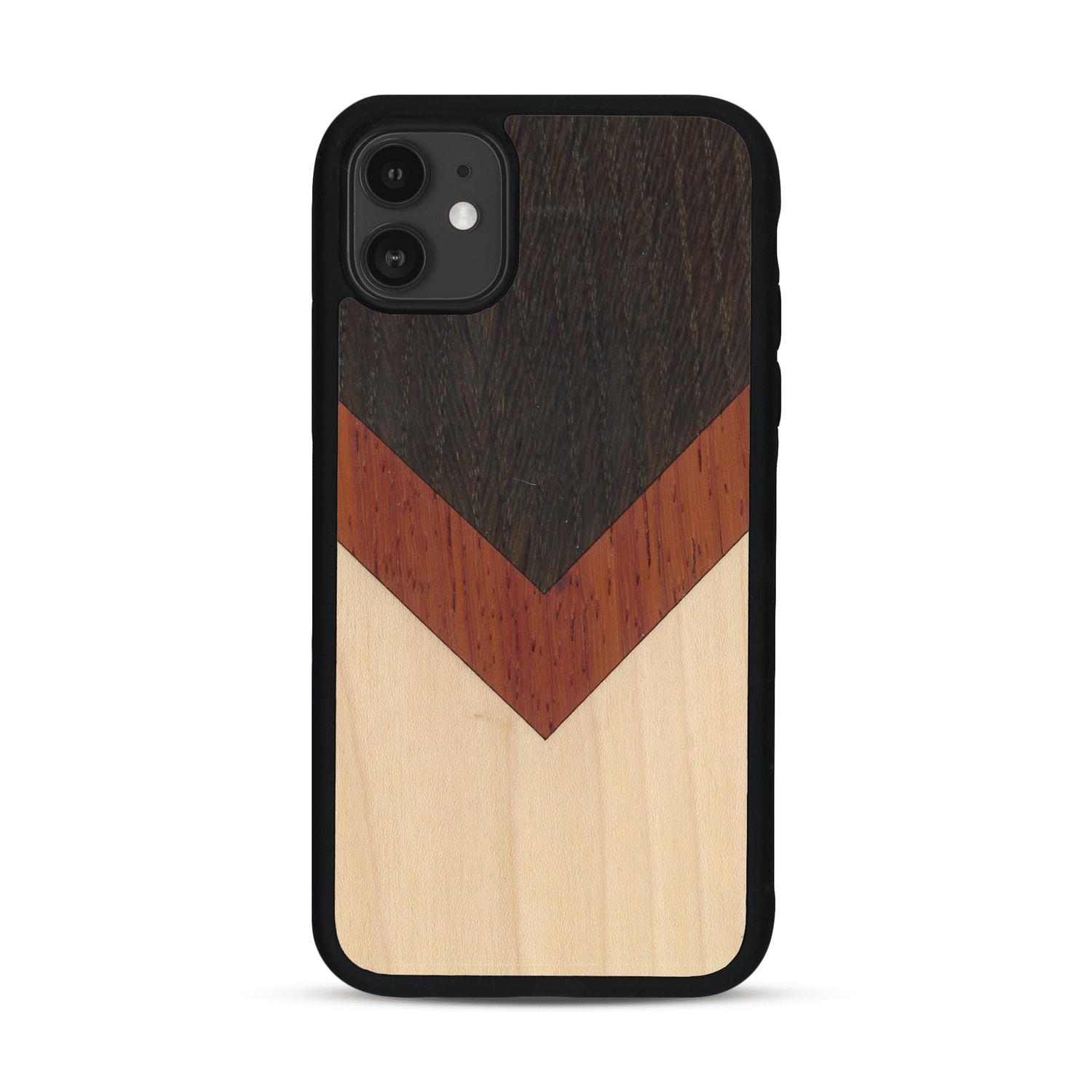 Coque de protection en bois véritable fabriquée en France pour  alliant du chêne fumé, du padouk et du bambou en forme de chevron sur le thème de l'art abstrait