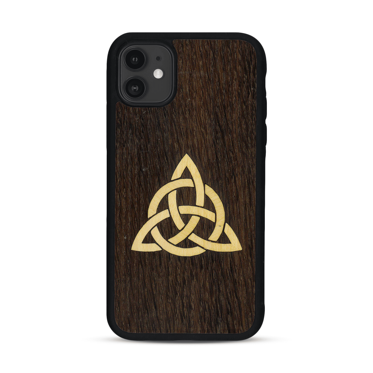 Coque de protection en bois véritable fabriquée en France pour  alliant du chêne fumé et du bambou représentant une triquetra