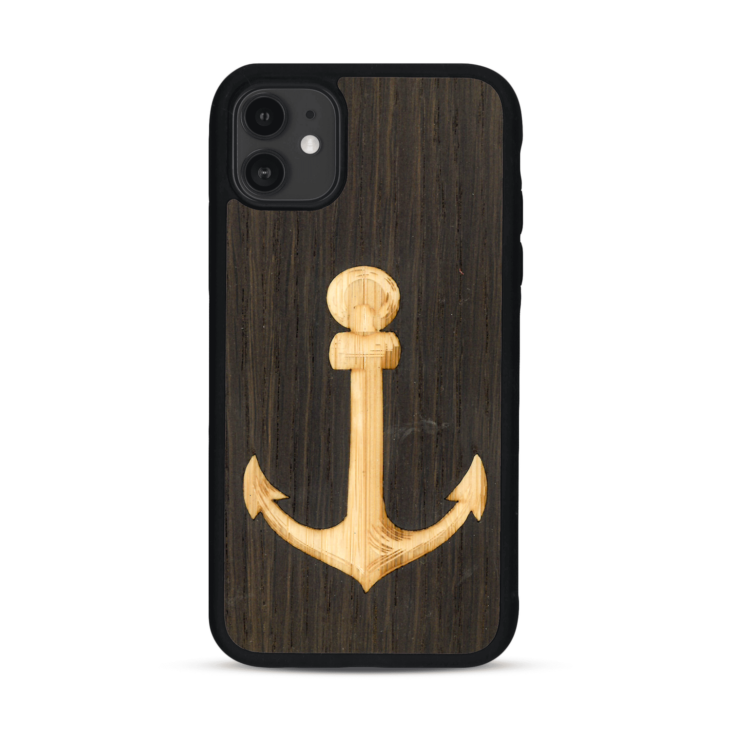 Coque de protection en bois véritable fabriquée en France pour  sur le thème nautique avec un bois clair et un bois foncé représentant une ancre de bateau