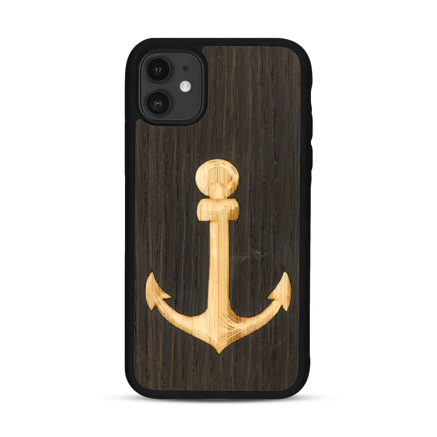 Coque de protection en bois véritable fabriquée en France pour  sur le thème nautique avec un bois clair et un bois foncé représentant une ancre de bateau