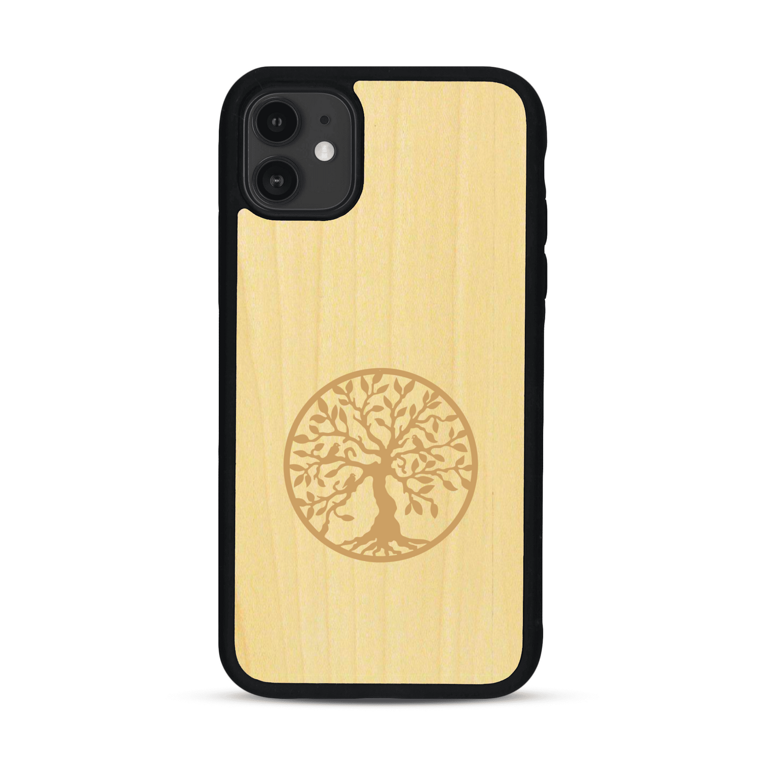 Coque de protection en bois véritable fabriquée en France pour  sur le thème de la spiritualité et du yoga avec une gravure zen représentant un arbre de vie