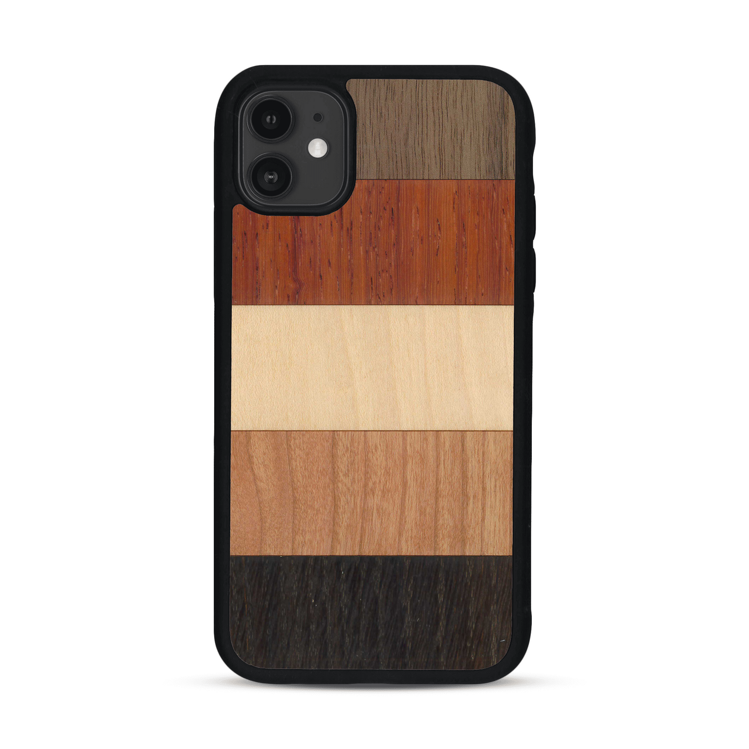 Coque de protection en bois véritable fabriquée en France pour  alliant des bandes horizontales de bambou, merisier, padouk, noyer et chêne fumé