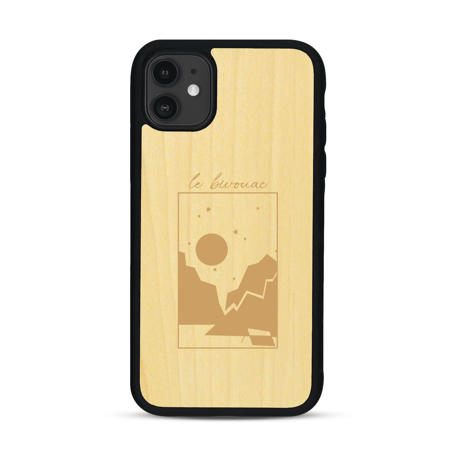 Coque de protection en bois véritable fabriquée en France pour  sur le thème du camping en pleine nature et du bivouac avec la phrase "Aventure is out there"
