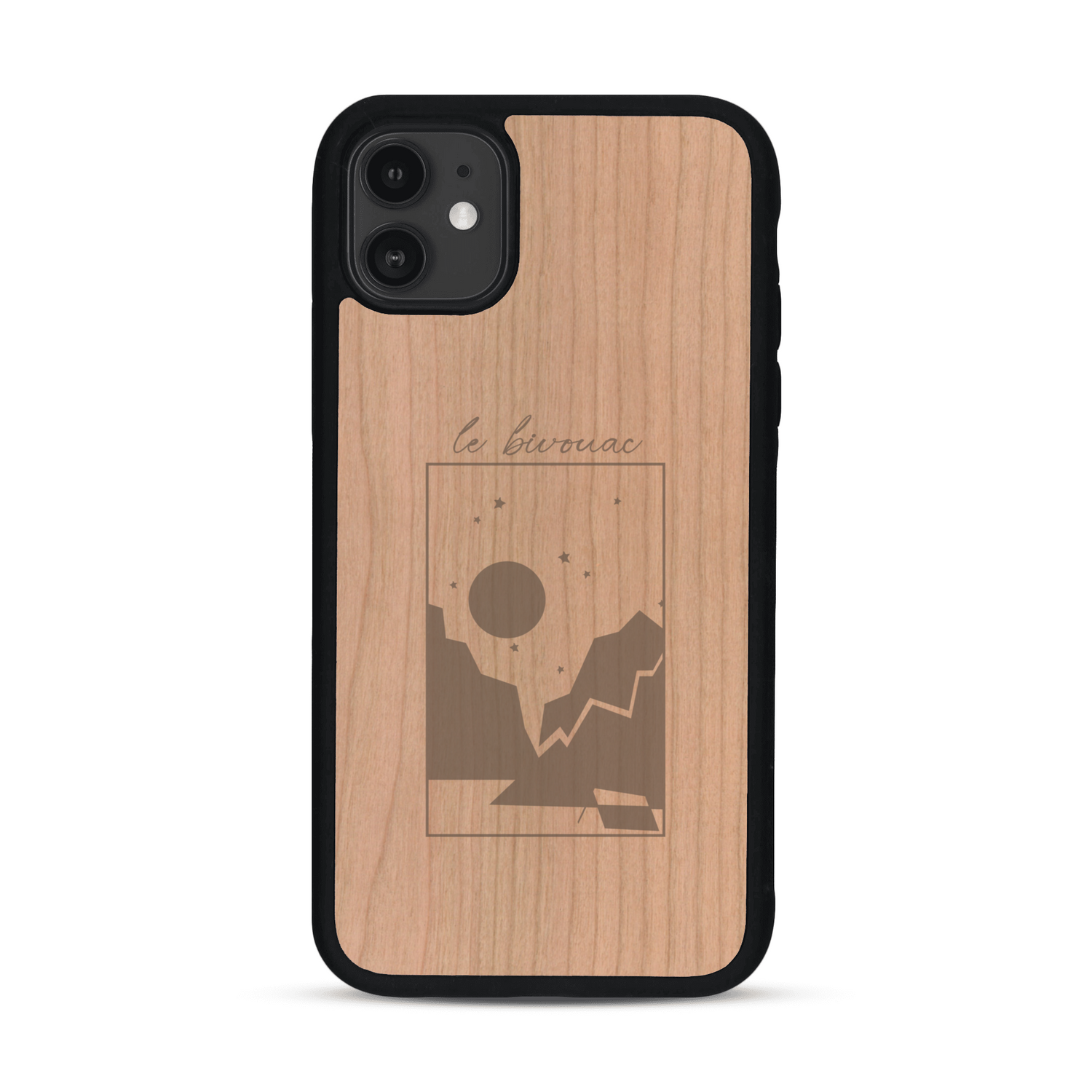 Coque de protection en bois véritable fabriquée en France pour  sur le thème du camping en pleine nature et du bivouac avec la phrase "Aventure is out there"