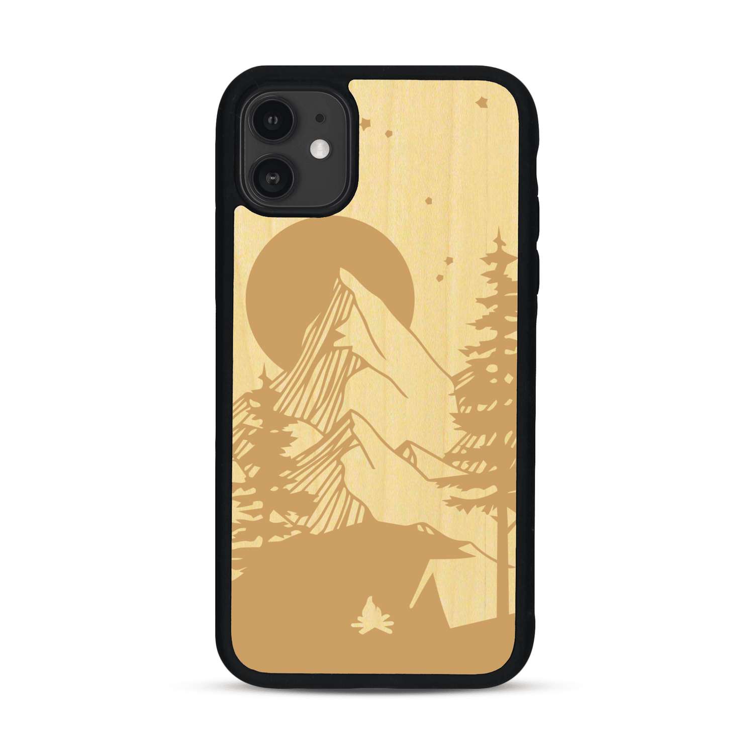 Coque de protection en bois véritable fabriquée en France pour  sur le thème du camping en pleine nature représentant une tente avec un feu de camp entouré de montagnes