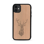 Coque de protection en bois véritable fabriquée en France pour  sur le thème de la nature et des animaux représentant une tête de cerf gométrique avec un design moderne et minimaliste