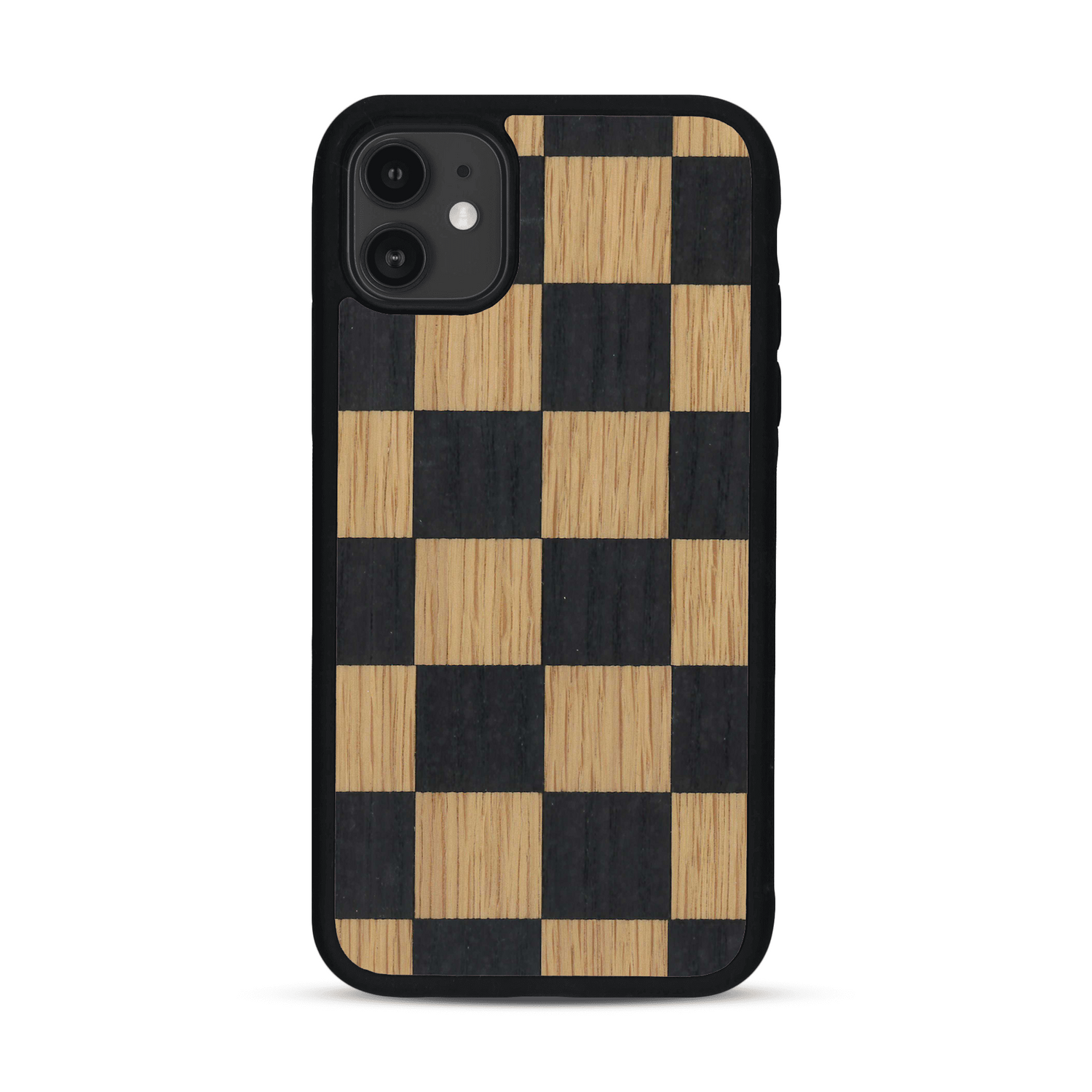 Coque de protection en bois véritable fabriquée en France pour  alliant plusieurs essences de bois pour représenter un damier