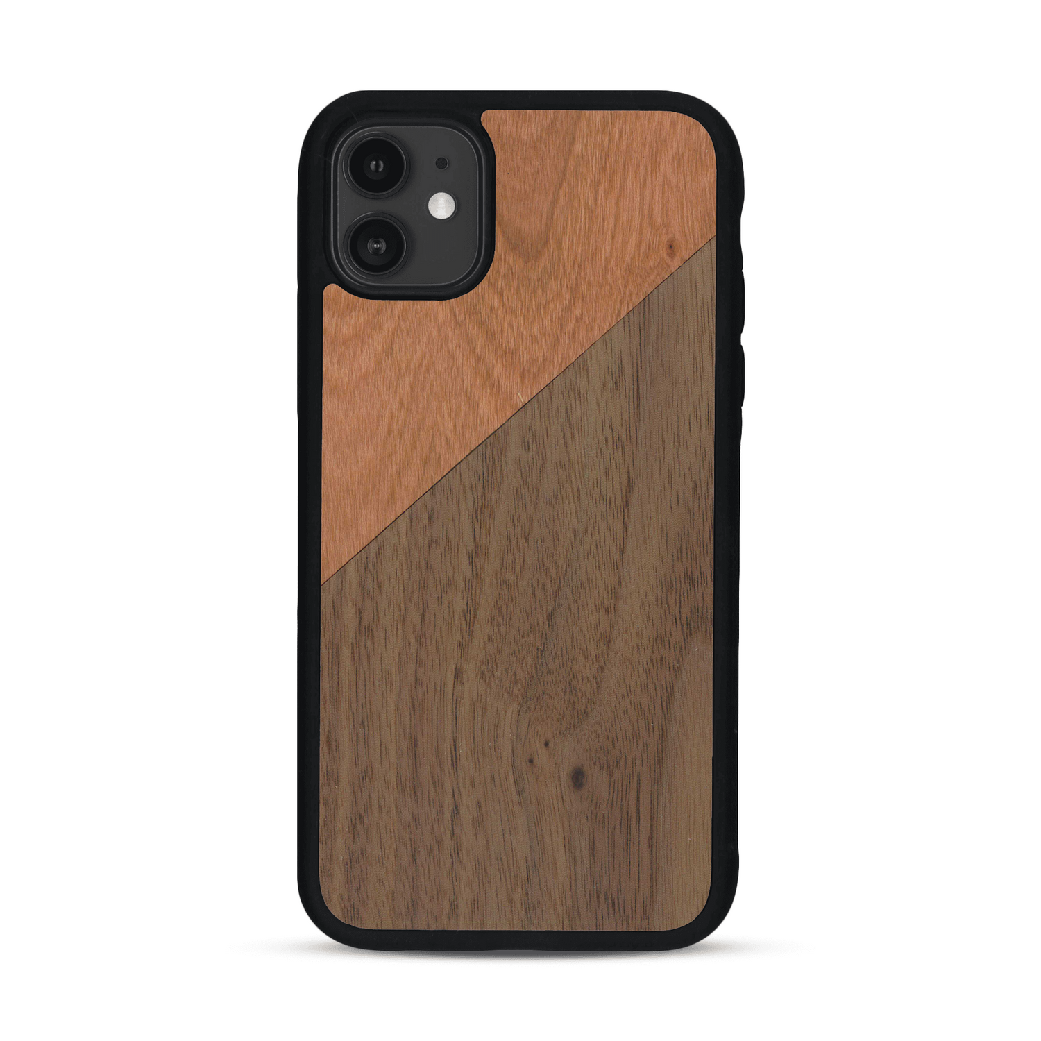 Coque de protection en bois véritable fabriquée en France pour  alliant du merisier et du noyer formant chacun un triangle avec une jointure en diagonale sur le thème de l'art abstrait