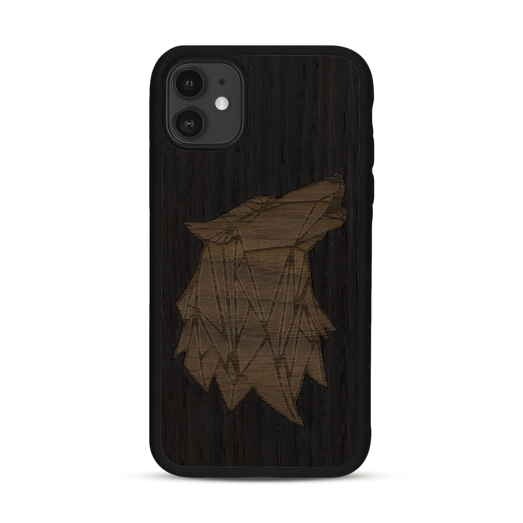 Coque de protection en bois véritable fabriquée en France pour  alliant du chêne fumé et du noyer représentant une tête de loup géométrique de profil sur le thème des animaux et de la nature