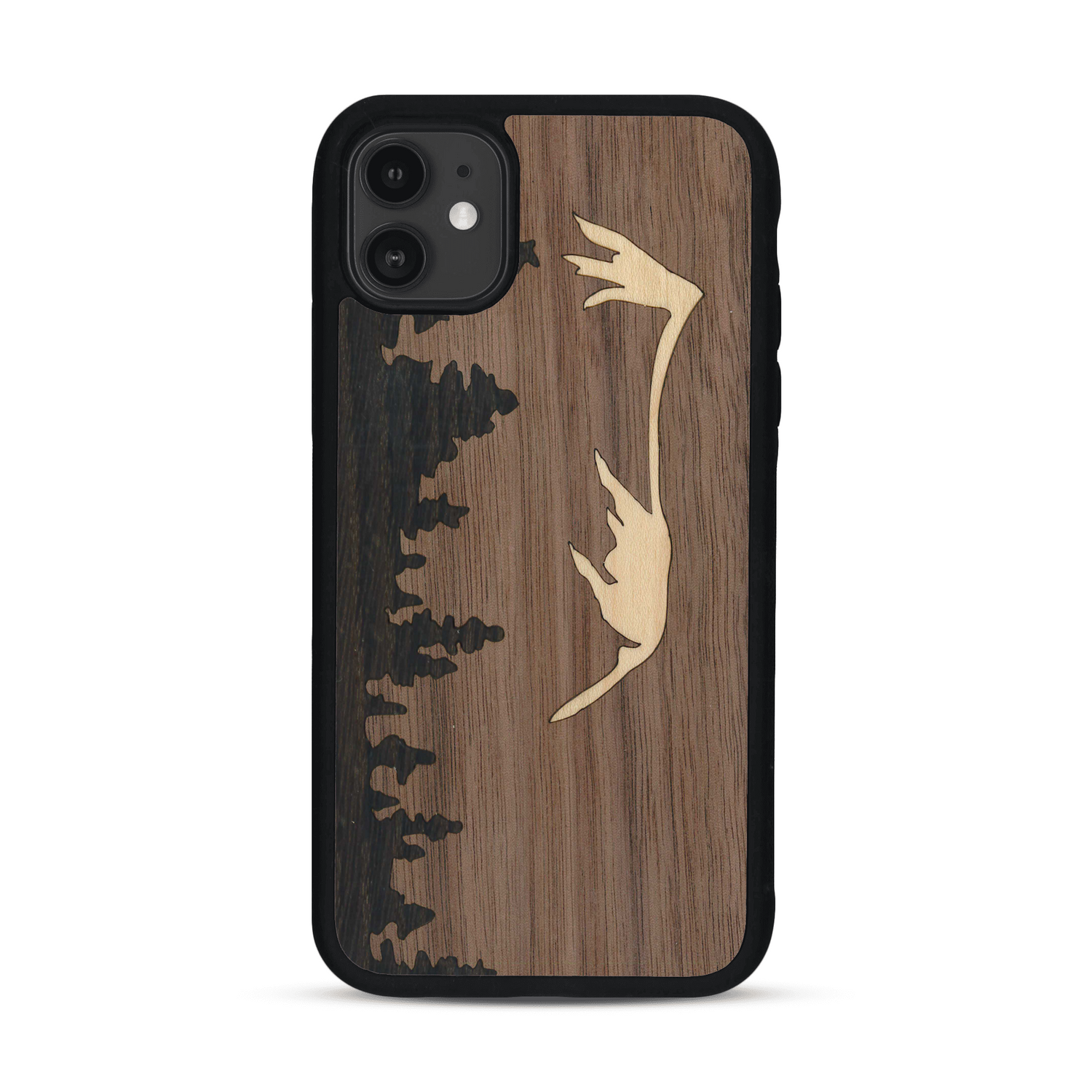 Coque de protection en bois véritable fabriquée en France pour  sur le thème de la nature et de la montagne qui allie du chêne fumé, du noyer et du bambou représentant le mont mézenc