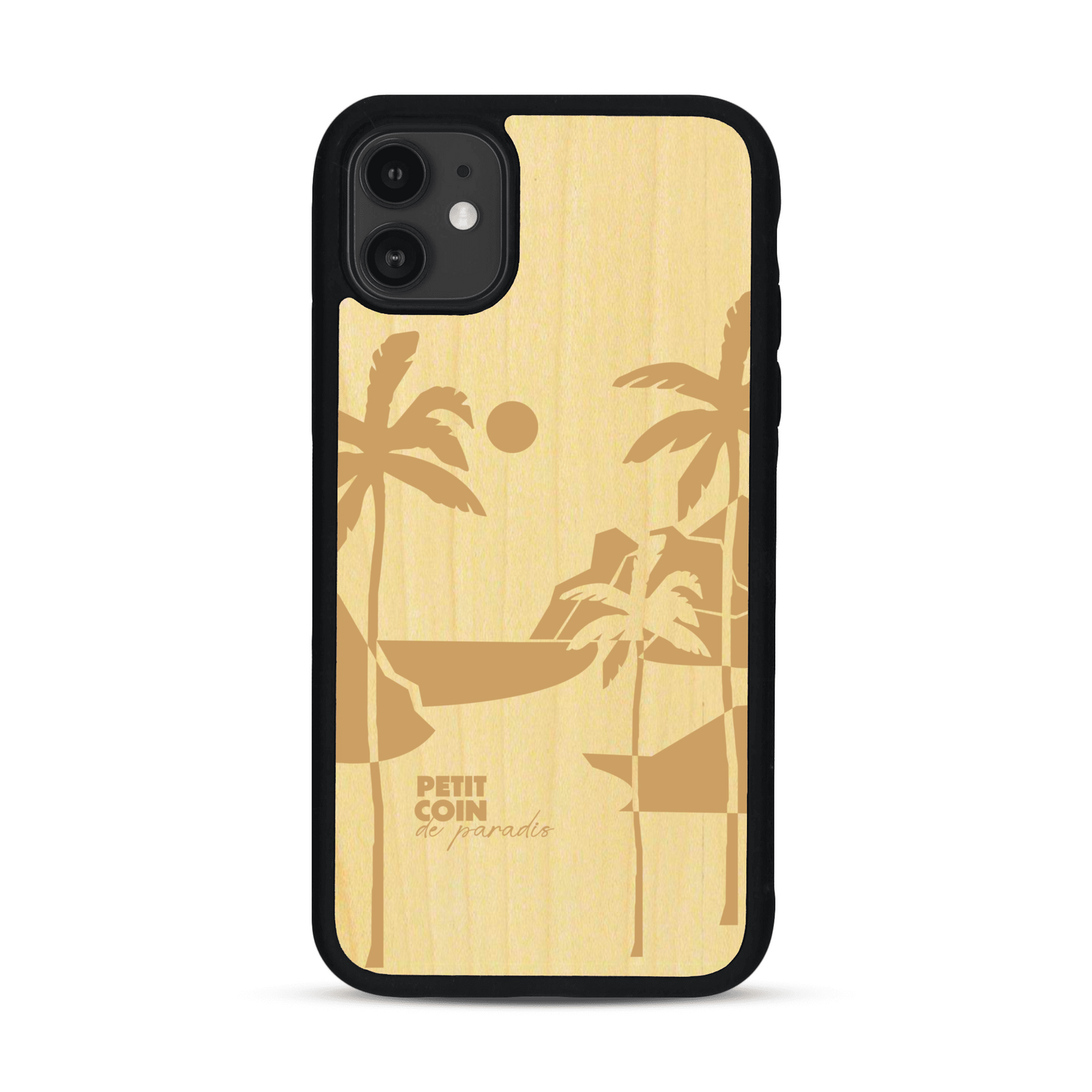 Coque de protection en bois véritable fabriquée en France pour  sur le thème des voyages en vans, vanlife et chill avec une gravure représentant un van vw combi devant le soleil couchant sur une plage avec des vagues