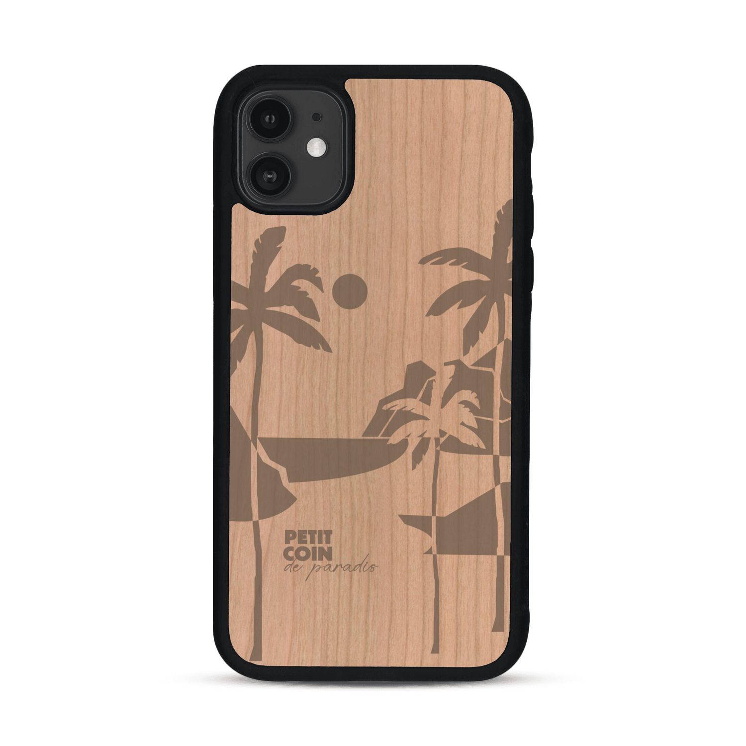 Coque de protection en bois véritable fabriquée en France pour  sur le thème des voyages en vans, vanlife et chill avec une gravure représentant un van vw combi devant le soleil couchant sur une plage avec des vagues