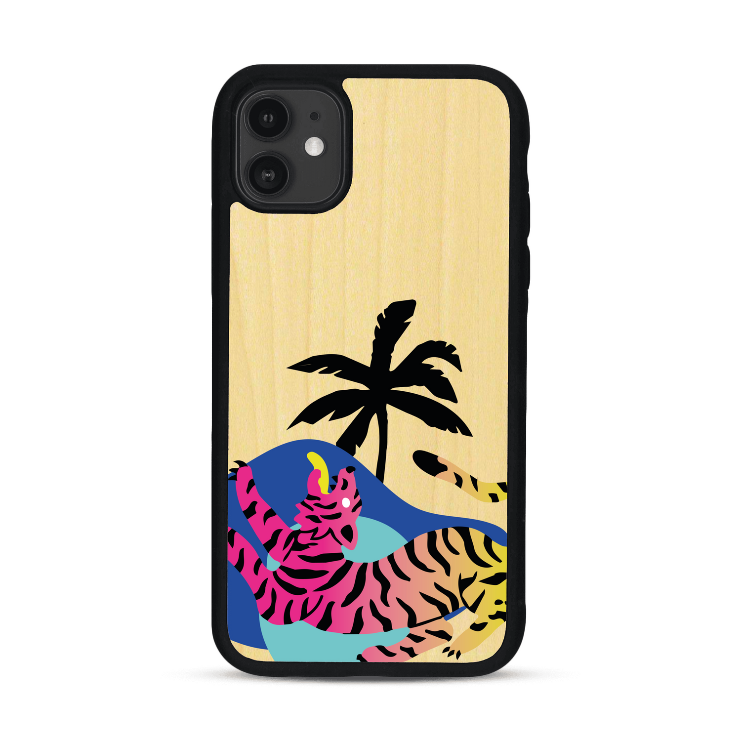 Coque de protection en bois véritable fabriquée en France pour iPhone 11 représentant un tigre coloré avec un design moderne et minimaliste sur le thème de la jungle et de la nature