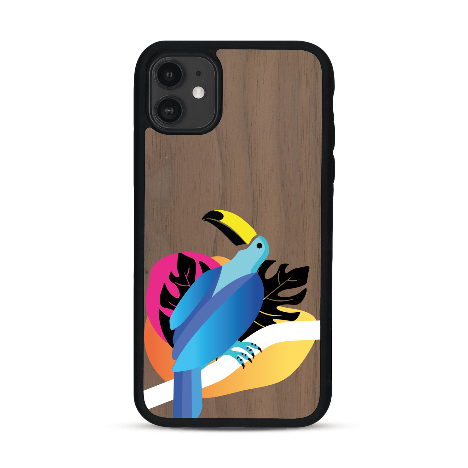 Coque de protection en bois véritable fabriquée en France pour iPhone 11 représentant un toucan coloré avec un design moderne et minimaliste sur le thème de la jungle et de la nature