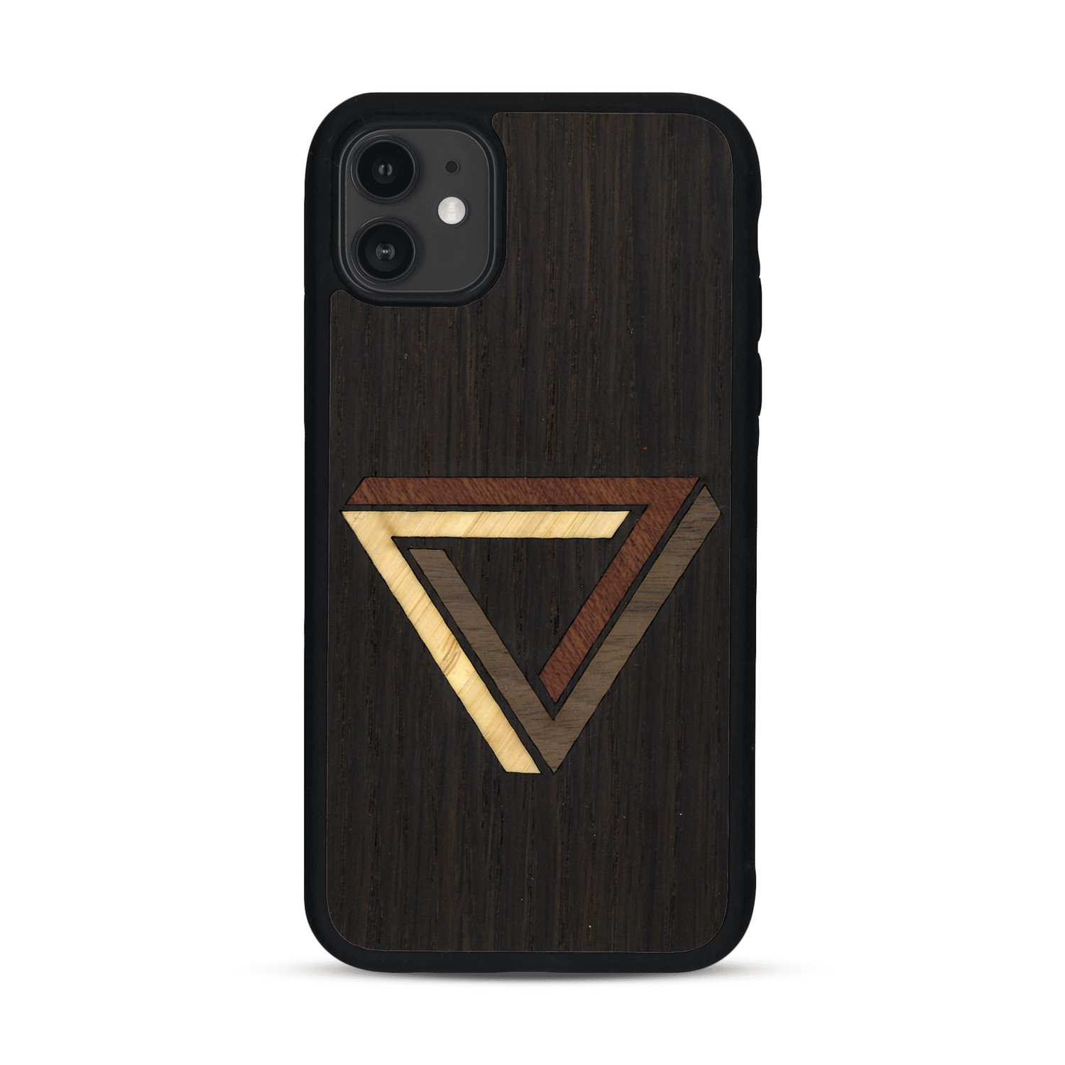 Coque de protection en bois véritable fabriquée en France pour  sur le thème de l'art géométrique qui allie du chêne fumé, du noyer, du bambou et du padouk représentant le triangle de penrose