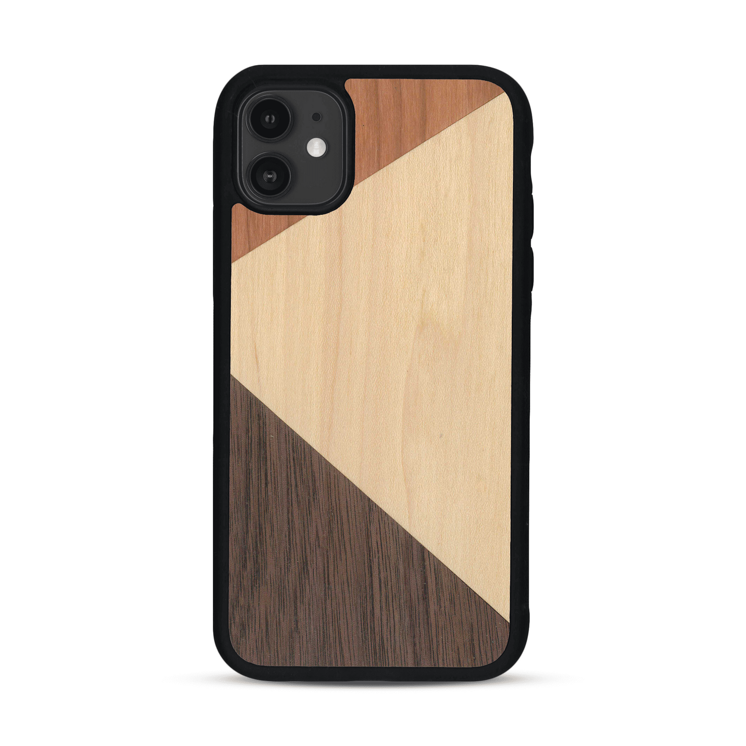 Coque de protection en bois véritable fabriquée en France pour  alliant du merisier, du noyer et du bambou formant chacun deux triangles et un trapèze avec deux jointures en diagonale sur le thème de l'art abstrait