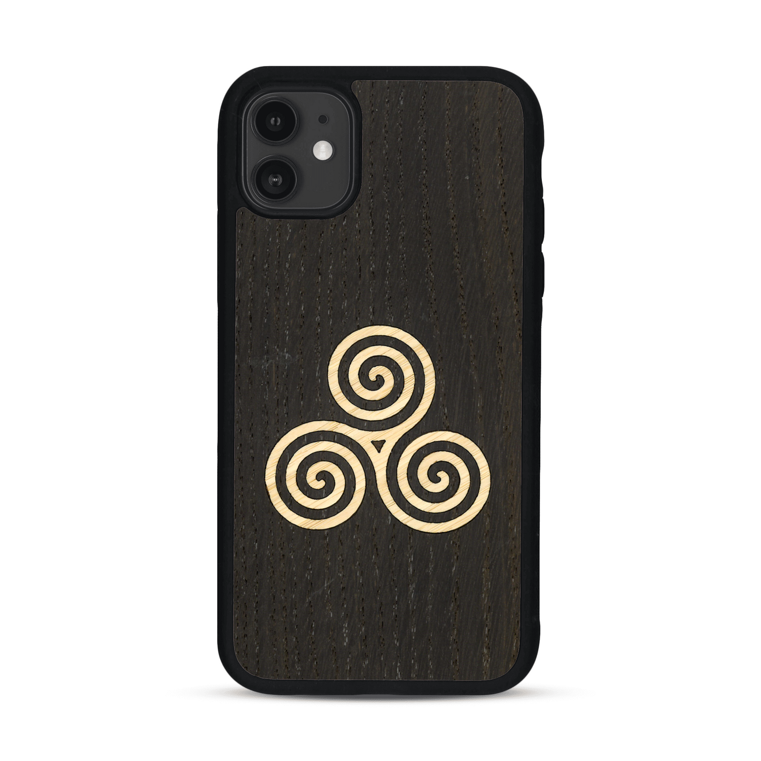 Coque de protection en bois véritable fabriquée en France pour  alliant du chêne fumé et du bambou et doré représentant un triskell